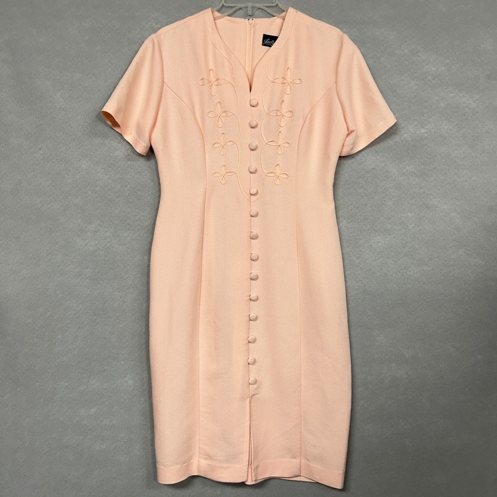 Jaclyn Hart Women 6 Midi Dress Pink 90s Vintage Sheath Faux Button Embroidered